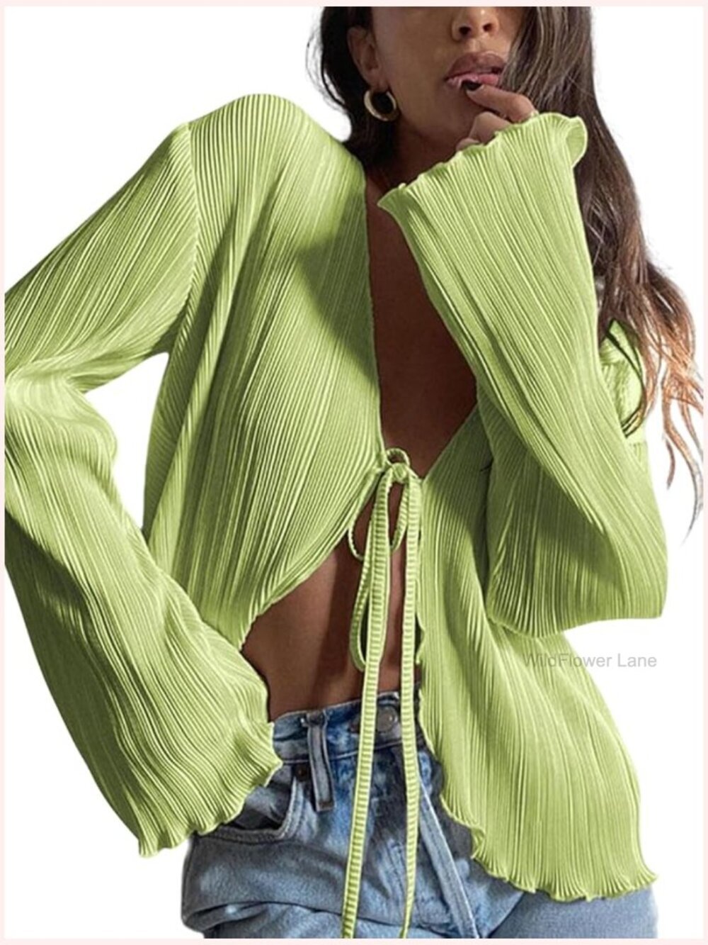 Deep V Neck Tie Front Top Flare Sleeve Plisse Pleated Blouse Tunic Shirt Y2k
